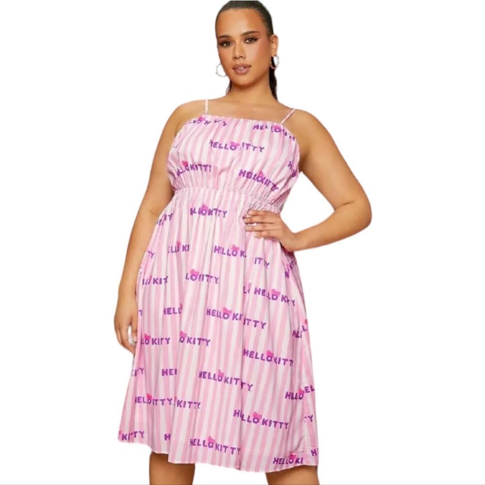 NEW Hello Kitty‎ pink striped tie backplus size slit front midi dress 4X